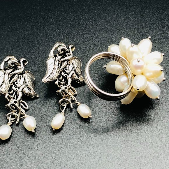Artisan Sterling Silver Pearl Earrings & Cluster Pearl Ring Size 5 - 18.2 Grams - Picture 1 of 16